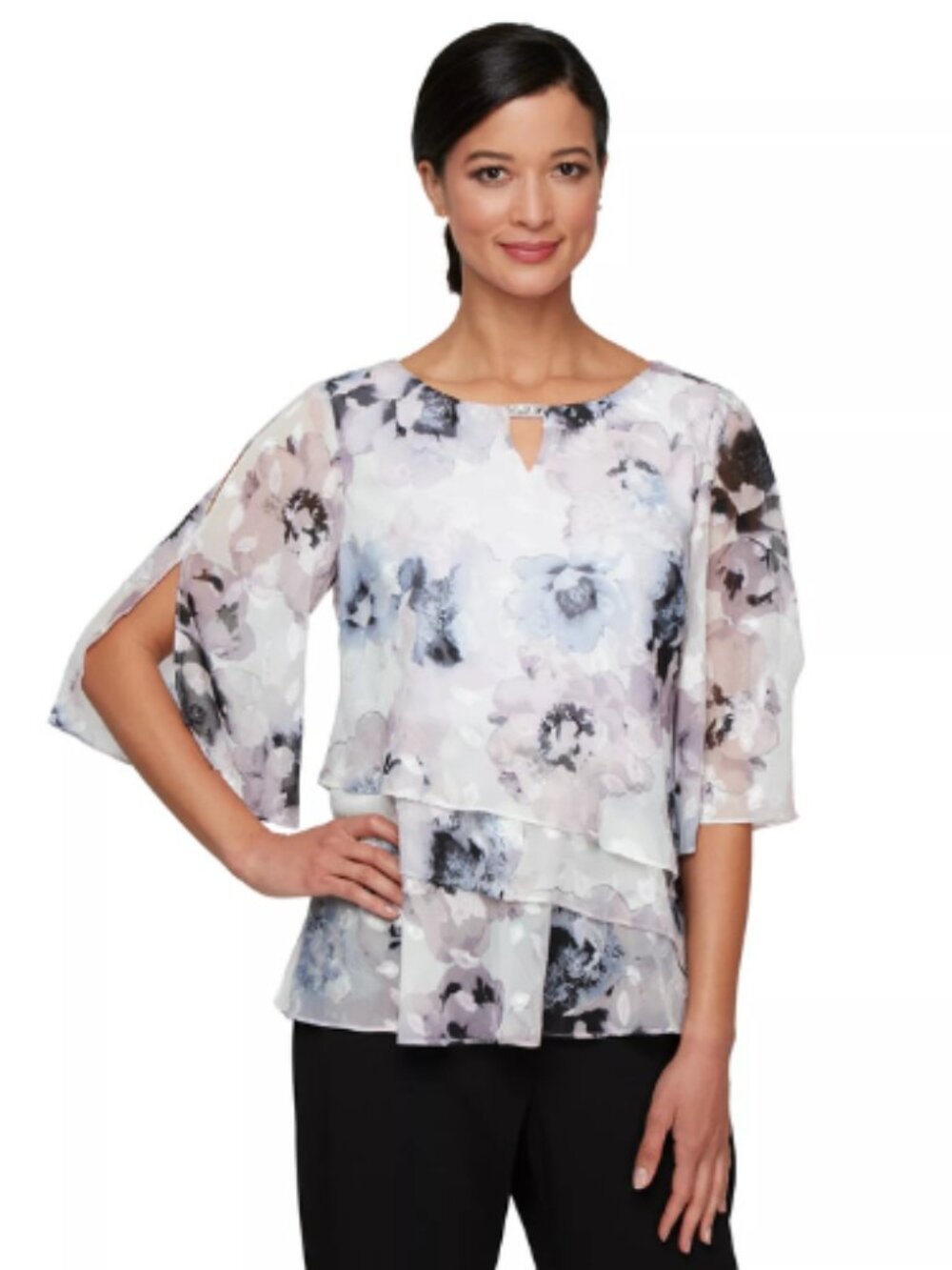 Alex Evenings Ivory Multi 3/4 Sleeve Ruffle Layered Blouse Event Formal Size MP